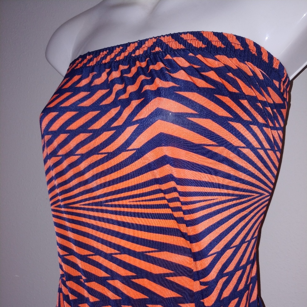 Navy /Orange Strapless Pattern Jumpsuit